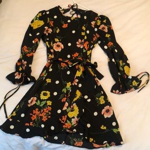 Floral and polka dot wrap dress